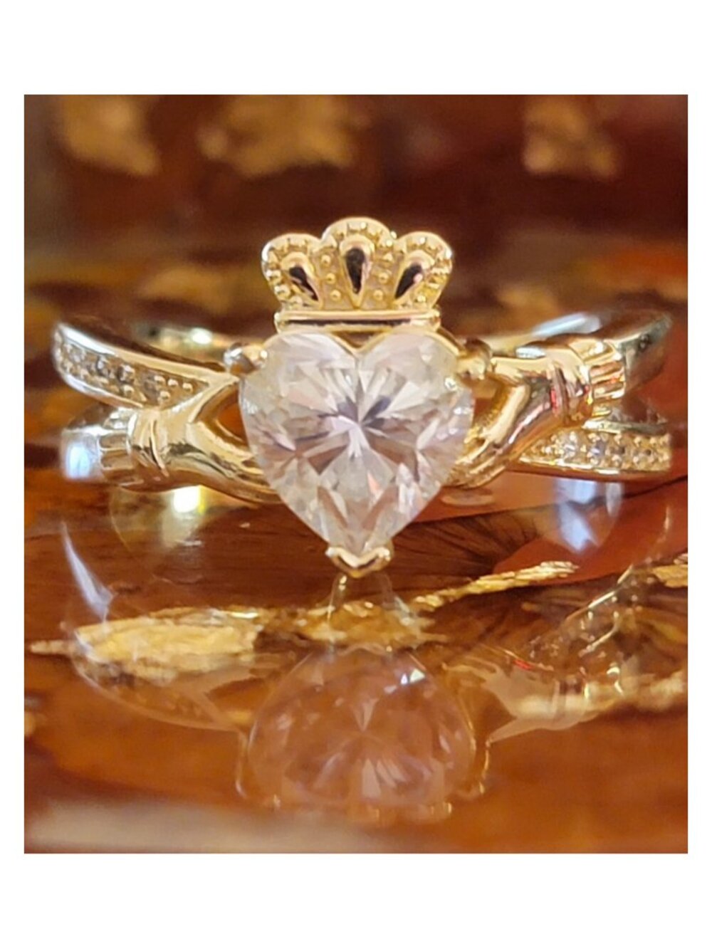 2CT Heart Moissanite Claddagh Ring 925 Sterling Silver Gold Plated Size 10 NWT